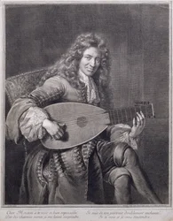 Portret van Mouton die de luit bespeelt, gegraveerd door Gerard Edelinck (1640-1707)